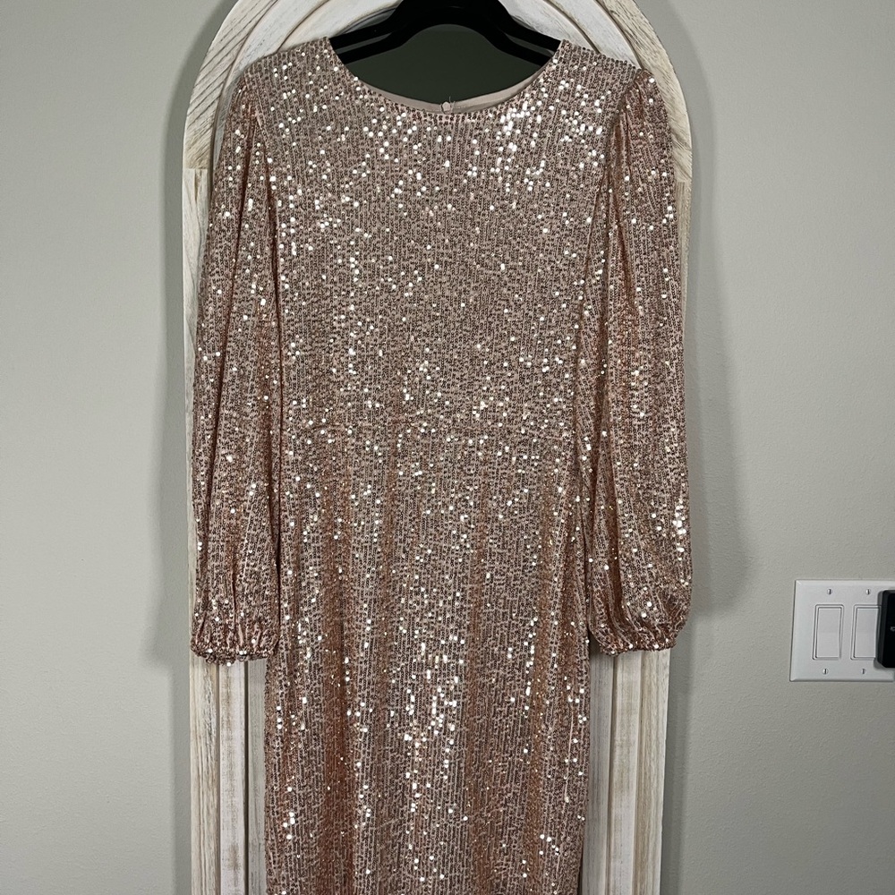 Ivy City Co Sparkling Long Sleeve Dress in Rose Gold